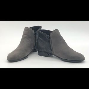 Grey MUNRO Suede Booties with Silver Speckled Designs on Heel & Zippered Sides